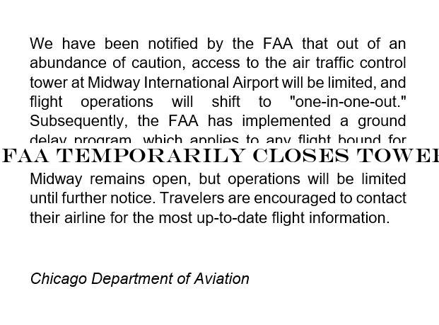 FAA temporarily closes tower at ChicagoMidway Airport after employees test positive for COVID-19