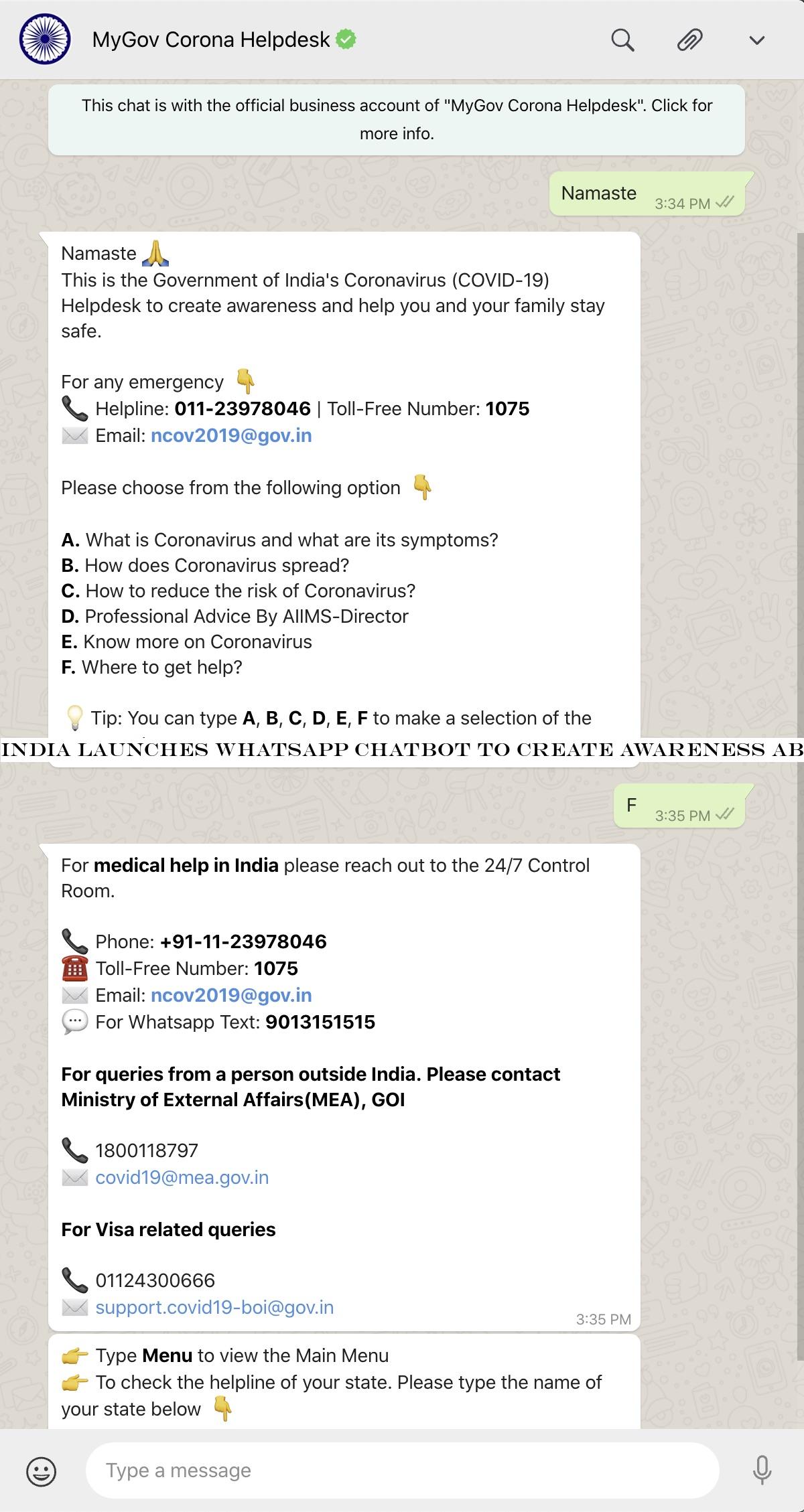 India launches WhatsApp chatbot to create awareness about coronavirus, asks social media services to curb spread of misinformation
