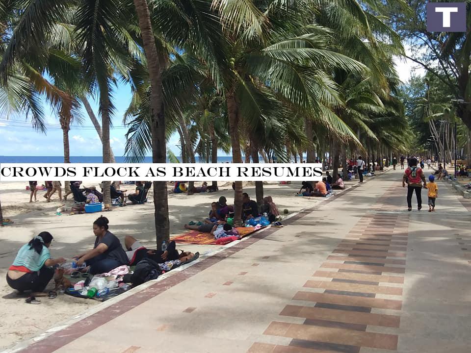 People grab their favourite spots on Bang Saen beach in Chon Buri as they enjoy the public holiday yesterday to mark Her Majesty the Queen's birthday.â-#128;-#137;(Photo from Teeneechonburi Facebook Page) Crowds flock as beach reopens