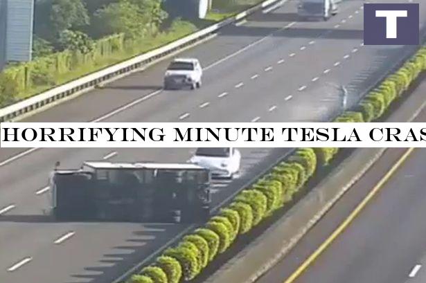 Horrifying moment Tesla crashes into truck in what seems to be Autopilot failure