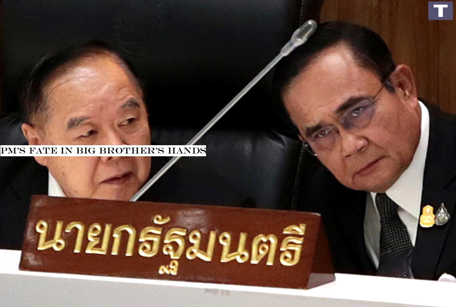 In this file photo, Prime Minister Prayut Chan-o-cha and his deputy, Gen Prawit Wongsuwon, put their heads together as they discuss issues during the no-confidence debate in February.â-#128;-#137;Chanat Katanyu PM's fate in big brother's hands