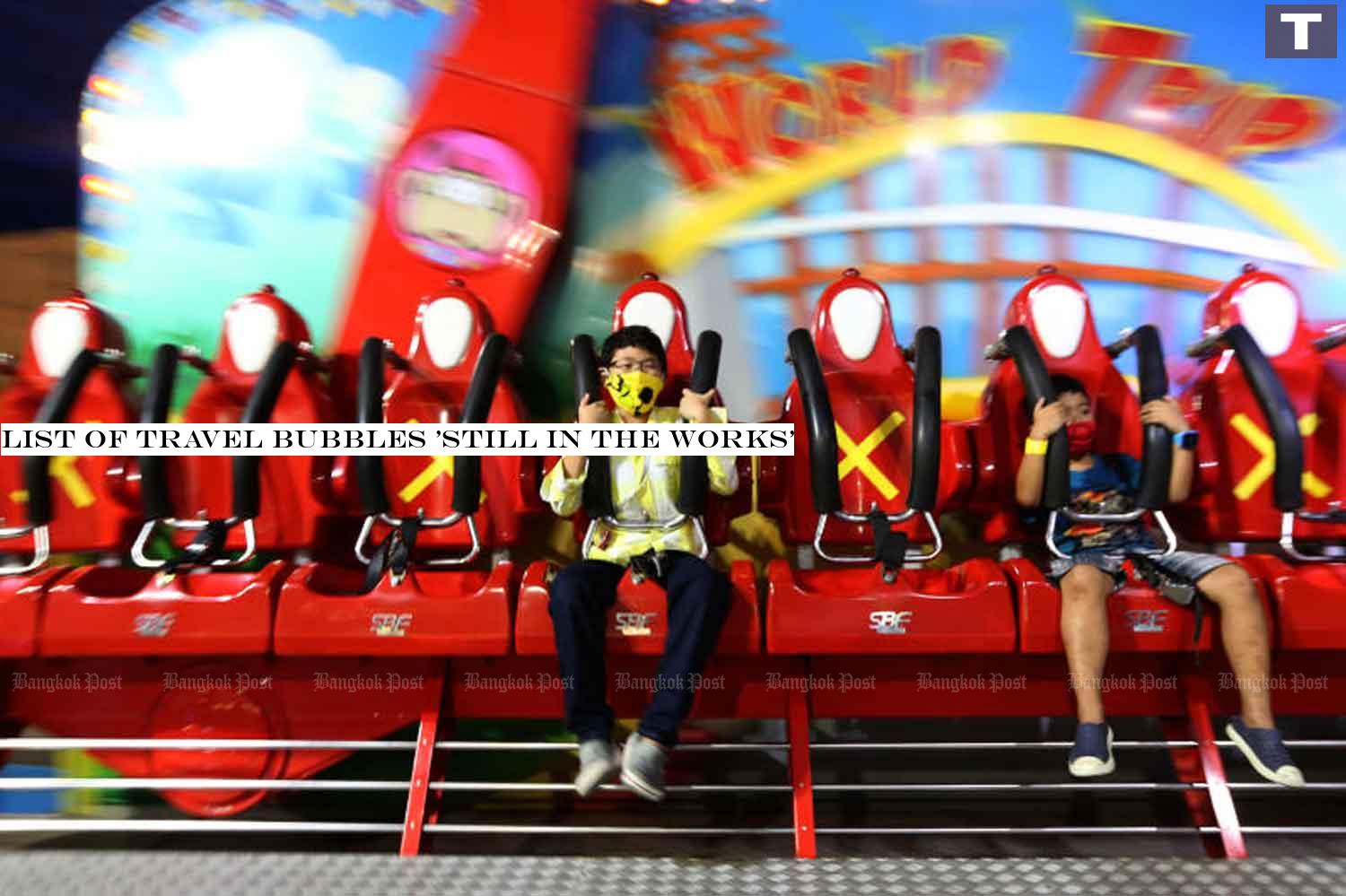 Young visitors at Yoyo Land, a fund park in the compound of Seacon Square in Bangkok, are required to wear face masks and keep a safe distance during a ride. Amusement parks and playgrounds were allowed to reopen from Monday with social-distancing measures implemented. (Photo: Wichan Charoenkiatpakul) List of travel bubbles 'still in the works'