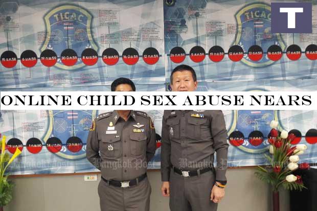 Pol Col Thakoon Nimsomboon, head of the Internet Crimes Against Children taskforce (left) poses for a photo with then Pol Col Soonthorn Arunnara, leader of the TICAC northeastern team, in 2017. (Bangkok Post photo) Online child sex abuse nears record high with coronavirus