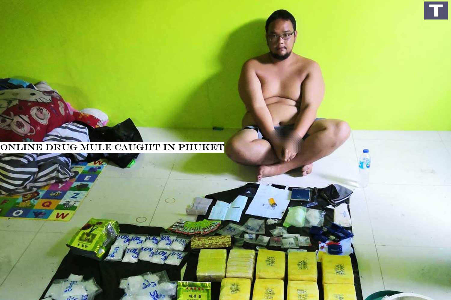 Suspect Krittamet Ngiabsa-ngad, 28, arrested making deliveries of drugs sold by a dealer using a Line chat group, at a house in Thalang district, Phuket, on Friday. The packages contain crystal methamphetamine and methamphetamine pills. (Photo: Achataya Chuenniran) Online drug mule caught in Phuket