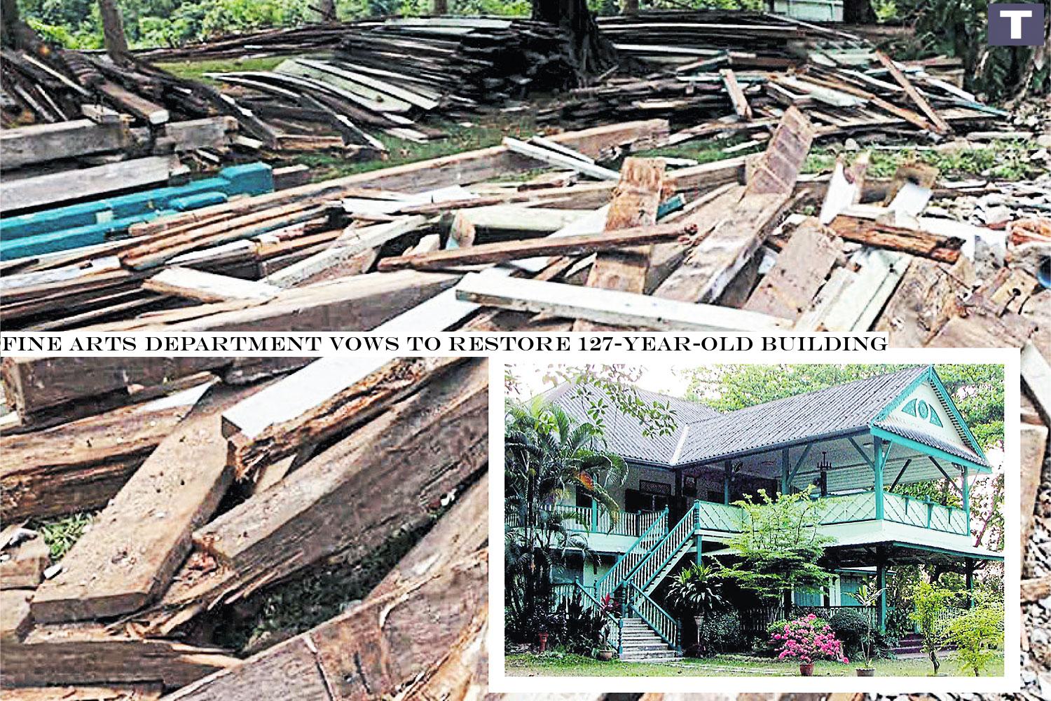 Pieces of timber from the dismantled century-old building that once housed the Bombay Burmah Trading Co in Phrae's Muang district are seen left in stacks near where the building used to be.â-#128;-#137;(Photo courtesy of I Green Facebook page) Fine Arts Department vows to restore 127-year-old building