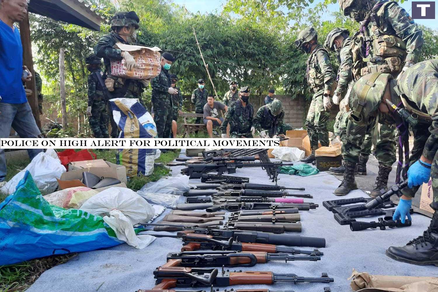 War weapons are taken from a house in Mae Sot district of Tak on Tuesday. National police chief orders police to keep a close watch on political movements following the seizure of the weapons. (Supplied photo via Assawin Pinitwong) Police on high alert for political movements