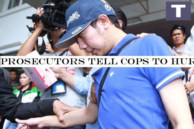 Vorayuth Yoovidhya, a suspect in a hit-and-run case, is brought to the Police General Hospital to undergo a blood test on Sept 4, 2012. (Bangkok Post file photo) Prosecutors tell cops to hurry up and find 'Boss'