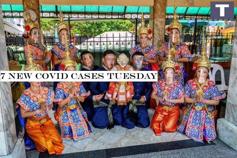 Dancers and puppeteers, all wearing protective face shields, pose for a photo with a Hanuman puppet at the Erawan Shrine in Bangkok on July 13, 2020. The Monkey God Hanuman is a character from the Ramakien, the Thai version of the Hindu epic Ramayana. (AFP photo) 7 new Covid cases Tuesday