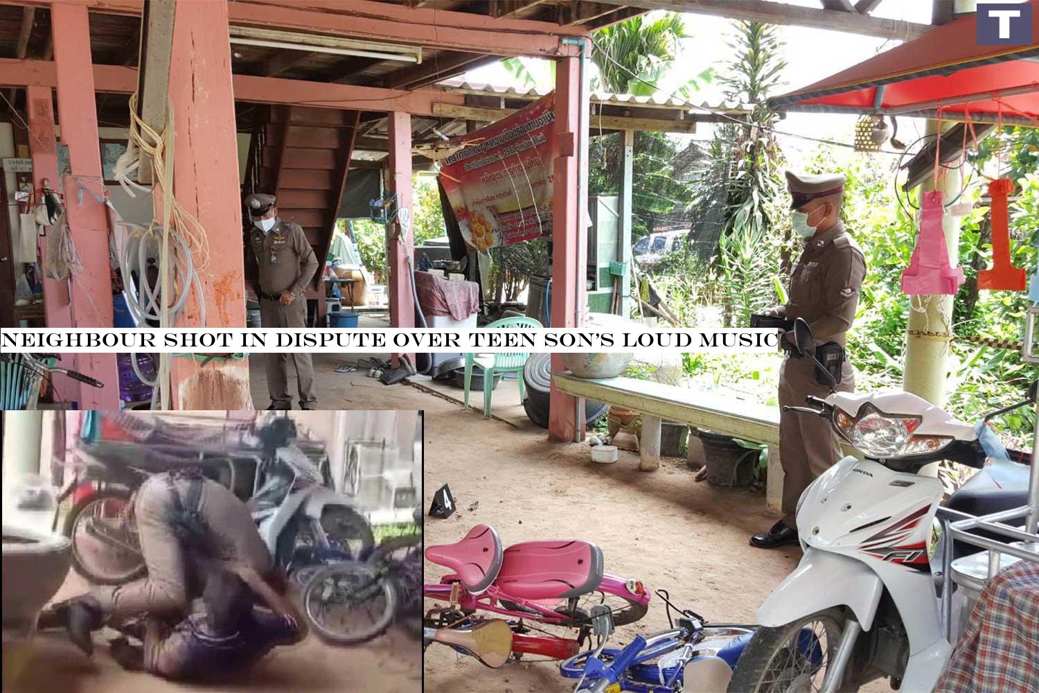 Police at the scene of the shooting at a house in Krasang district, Buri Ram. A police senior sergeant major has been charged with attempted murder after shooting his neighbour over the loud music played by the victim's son. Inset taken from the daughter's video. (Main photo: Surachai Piragsa) Neighbour shot in dispute over teen son's loud music