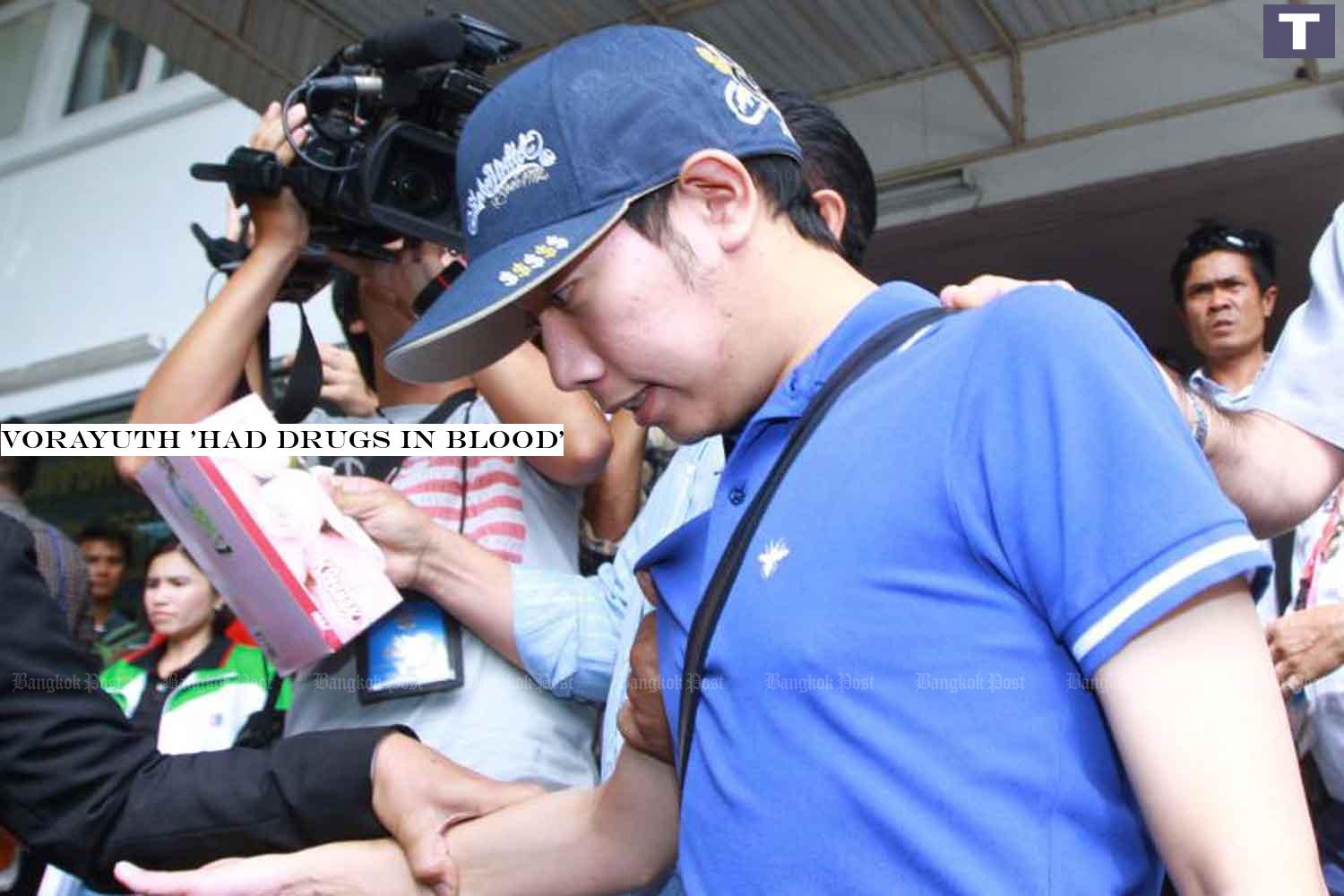 Vorayuth Yoovidhya, the youngest son of Red Bull executive Chalerm Yoovidhya, is brought to the Police General Hospital to undergo a blood test in September 2012. (Photo: Somchai Poomlard) Vorayuth 'had drugs in blood'