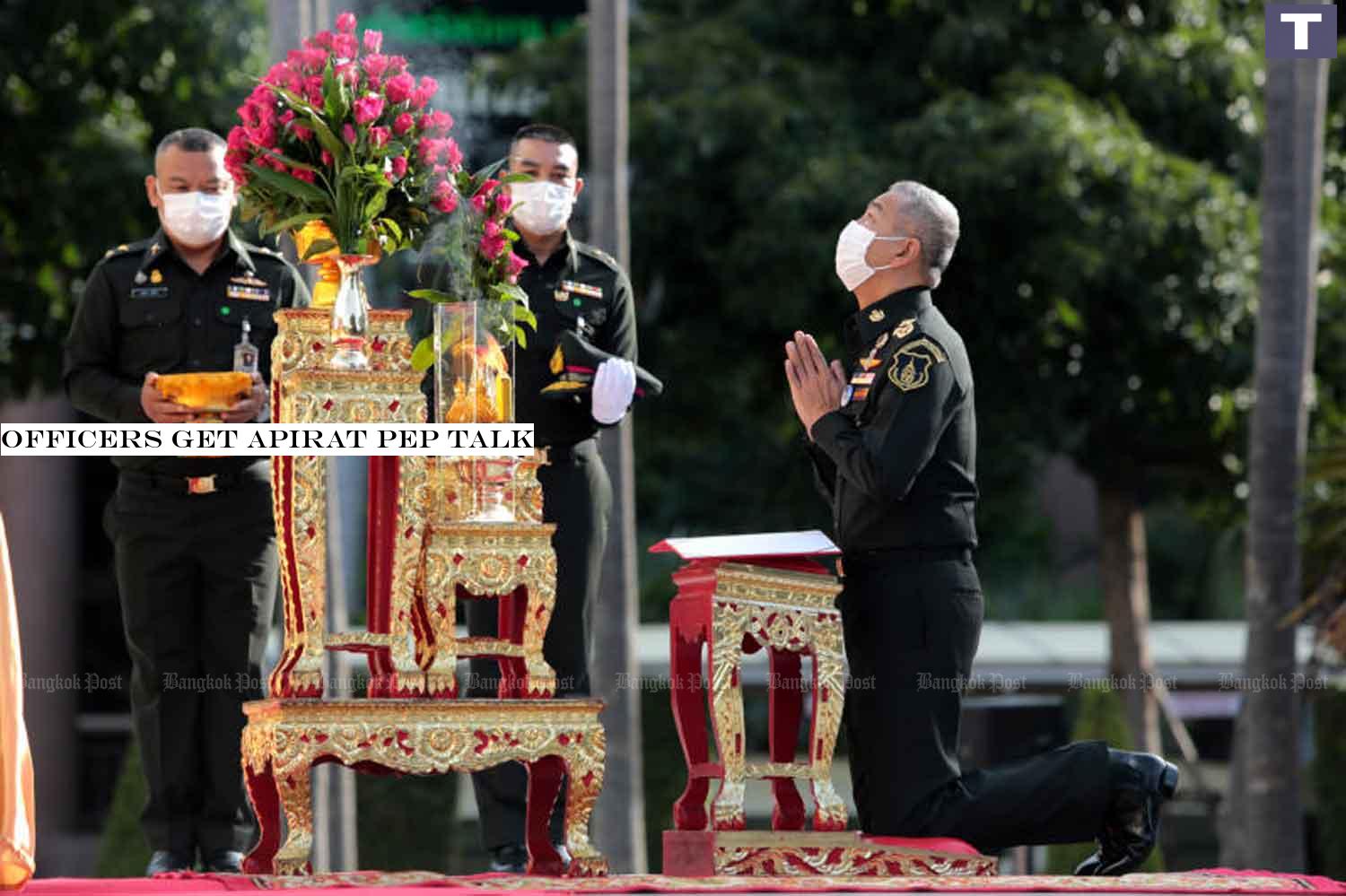 Army chief Gen Apirat Kongsompong pays respects to the statue of King Rama V as he presides over a ceremony marking the 34th anniversary of the opening of the Royal Thai Army headquarters. Gen Apirat goes into mandatory retirement in October. CHANAT KATANYU Officers get Apirat pep talk