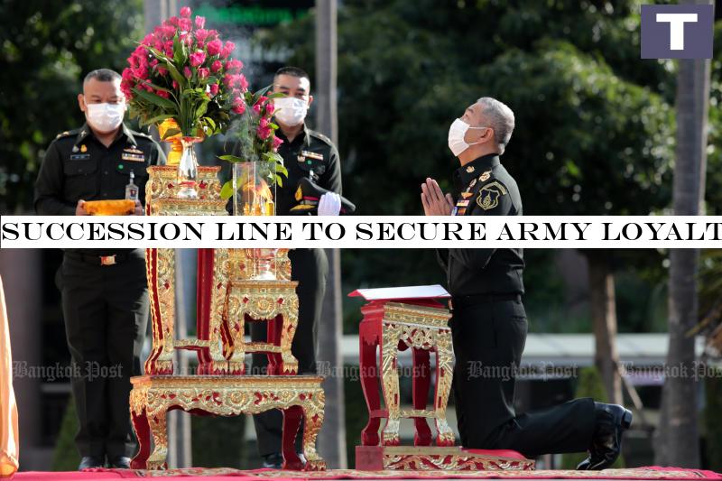 Army chief Gen Apirat Kongsompong pays his respects to the statue of King Rama V at the Royal Thai Army head office on Thursday. (Photo by Chanat Katanyu) Succession line to secure army loyalty