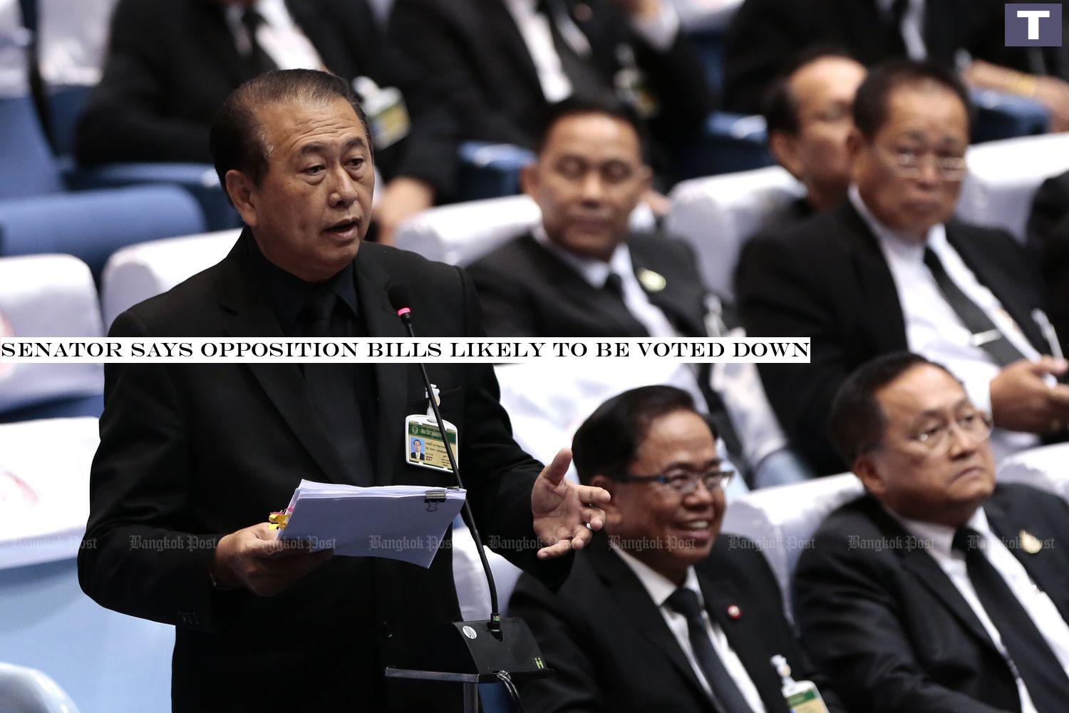 Senator Seri Suwannapanont speaks during a joint sitting to vote on the prime minister on June 5 last year. Every single one of the 250 junta-appointed senators, except their president who abstained by custom, voted for Gen Prayut Chan-o-cha on that day. (Bangkok Post file photo) Senator says opposition bills likely to be voted down