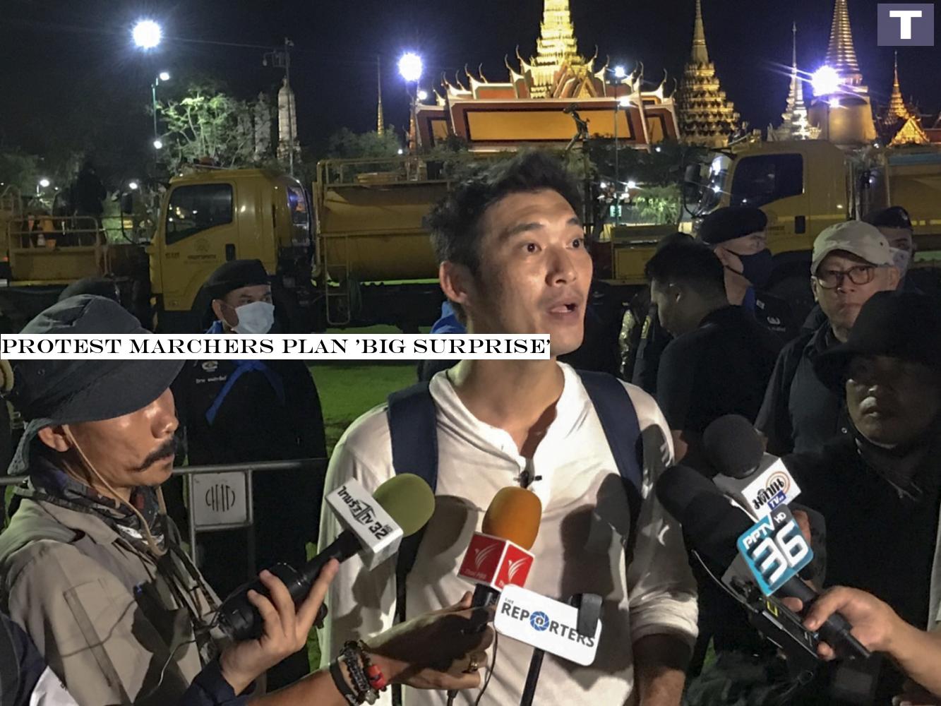 having his say: Progressive Movement co-founder Thanathorn JuangroongÂruangkit speaks to reporters as he appeared at Sanam Luang last night. Protest marchers plan 'big surprise'