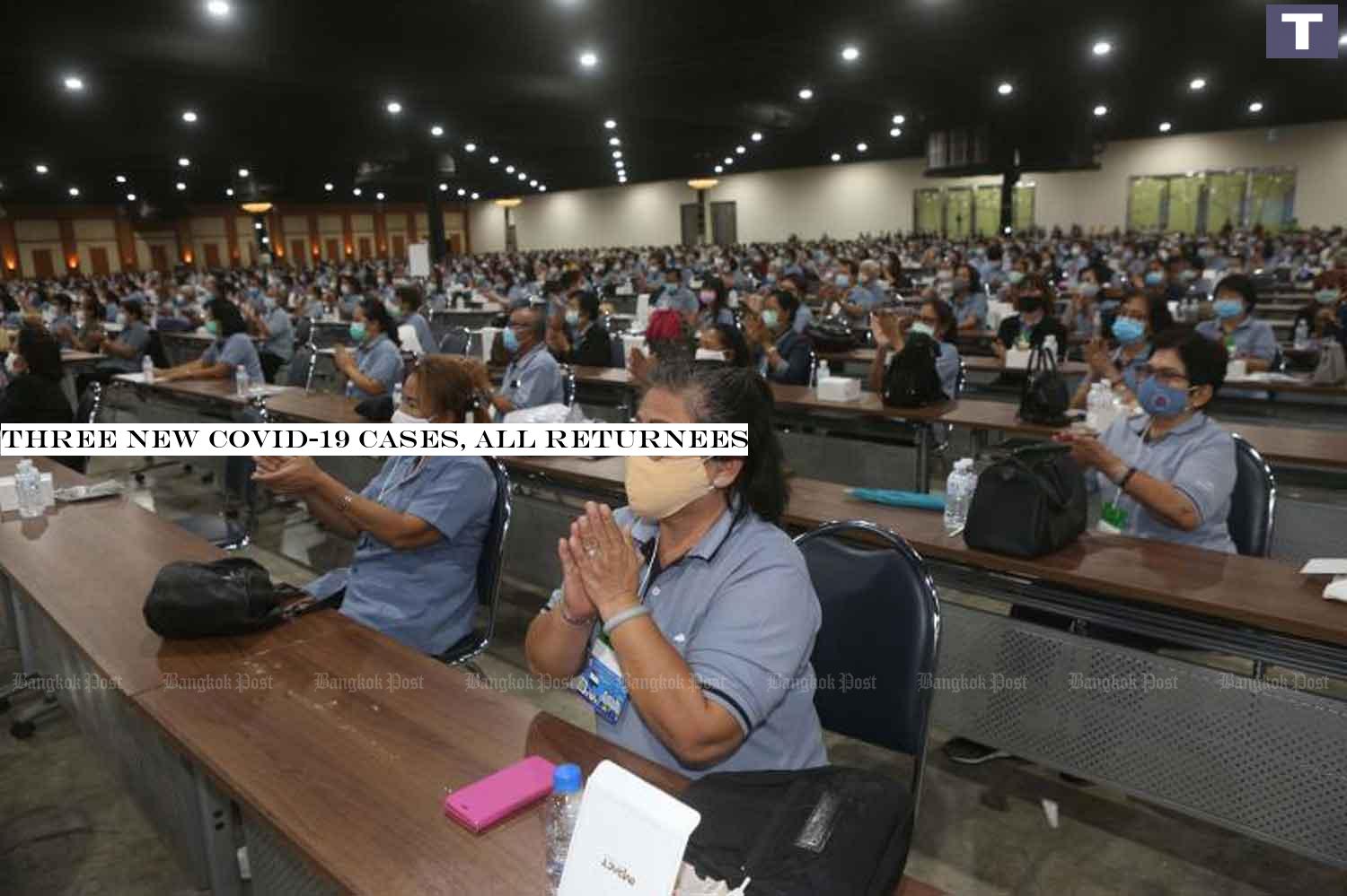 Village health volunteers attend a meeting on Covid-19 control in Nonthaburi province on Monday. Their roles are recognised for effectively controlling the disease in the country. (Photo by Pattarapong Chatpattarasill) Three new Covid-19 cases, all returnees