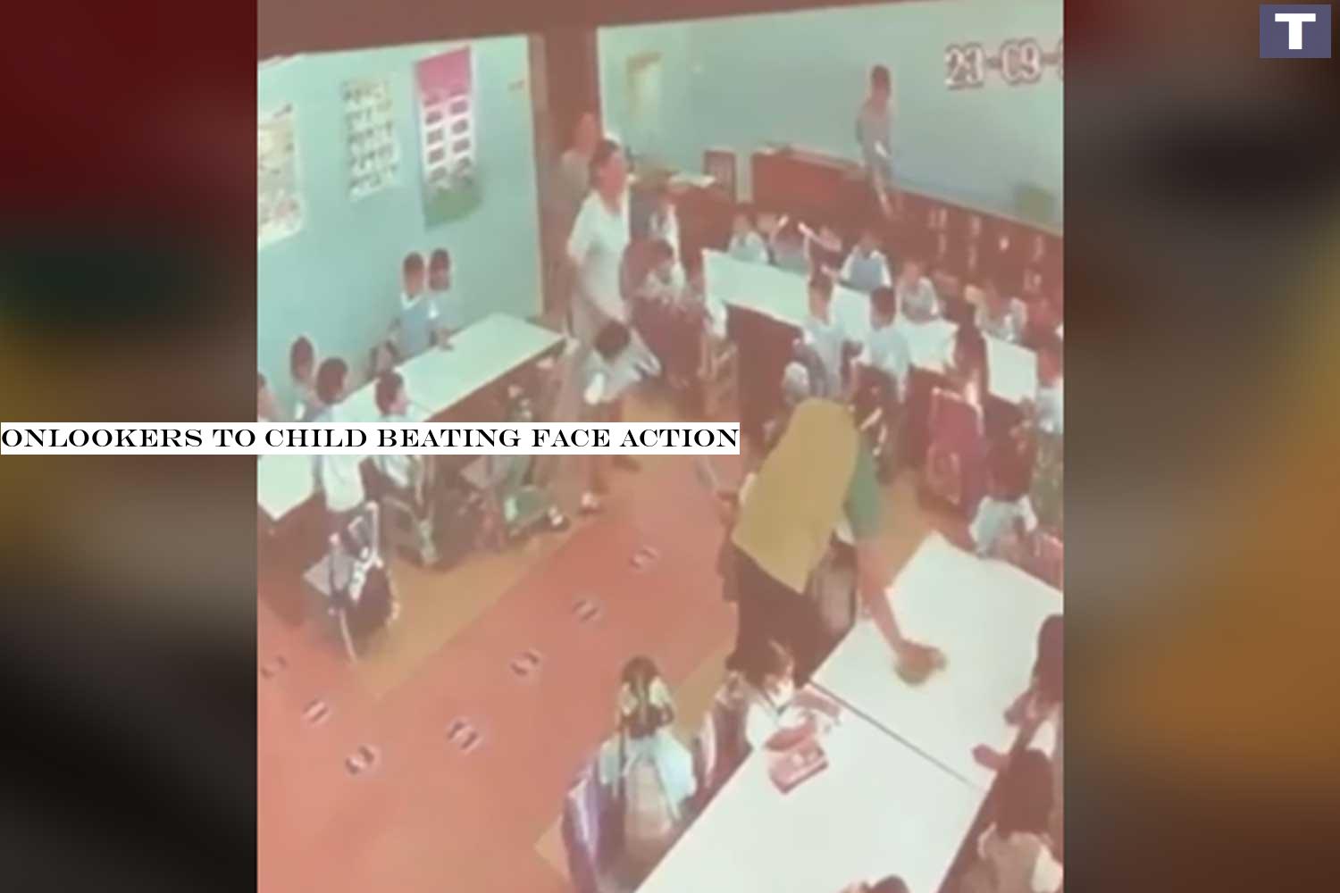 An image from a video shows a teacher pushing a 3-year-old to the floor in the presence of other staff at the privately run Sarasas Witaed Ratchaphruek School in Pak Kret district of Nonthaburi on Sept 23. Onlookers to child beating face action