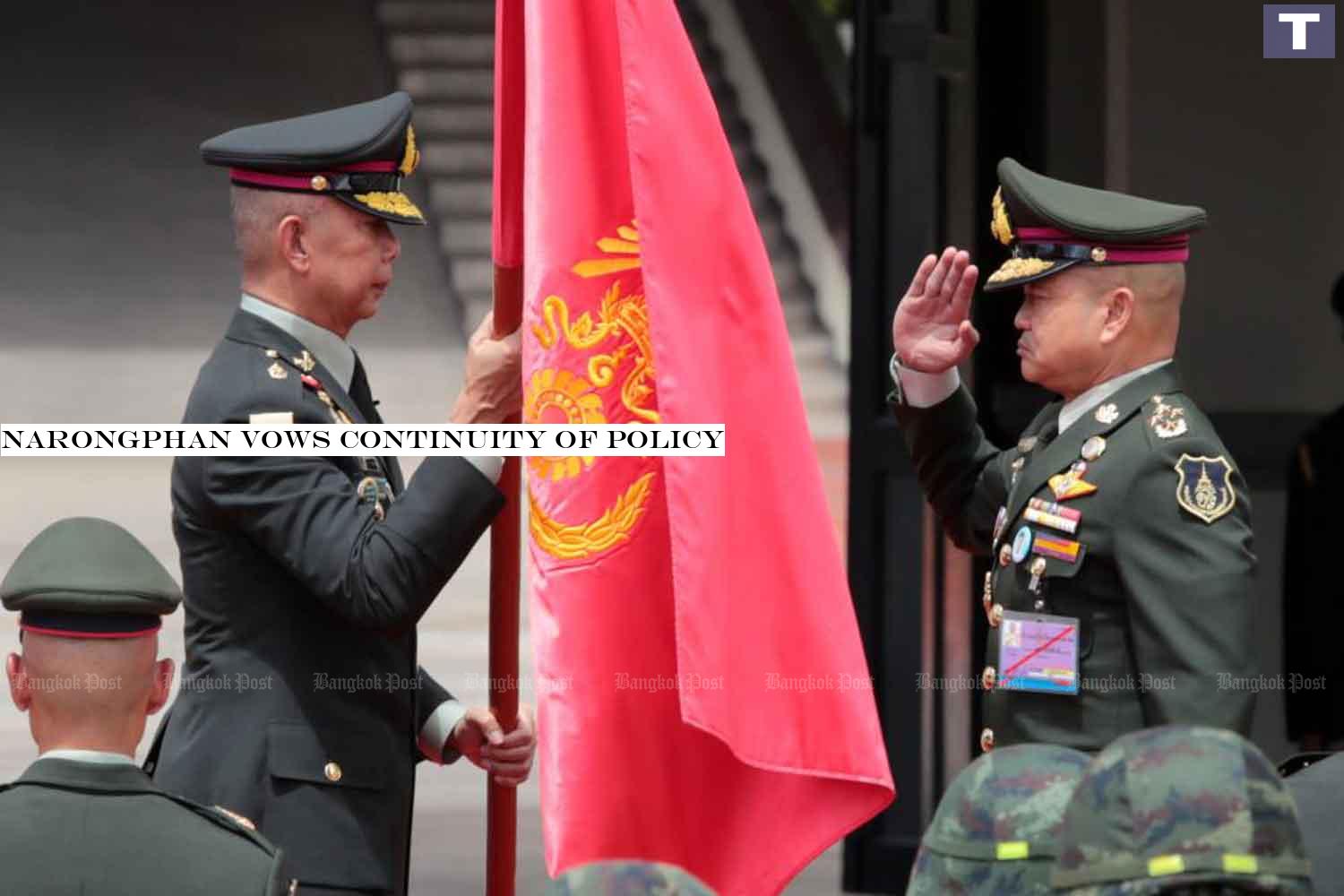 Outgoing army chief Apirat Kongsompong, left, hands over authority to his successor, Gen Narongphan Jitkaewtae, at the army headquarters.â-#128;-#137;(Photo: Chanat Katanyu) Narongphan vows continuity of policy