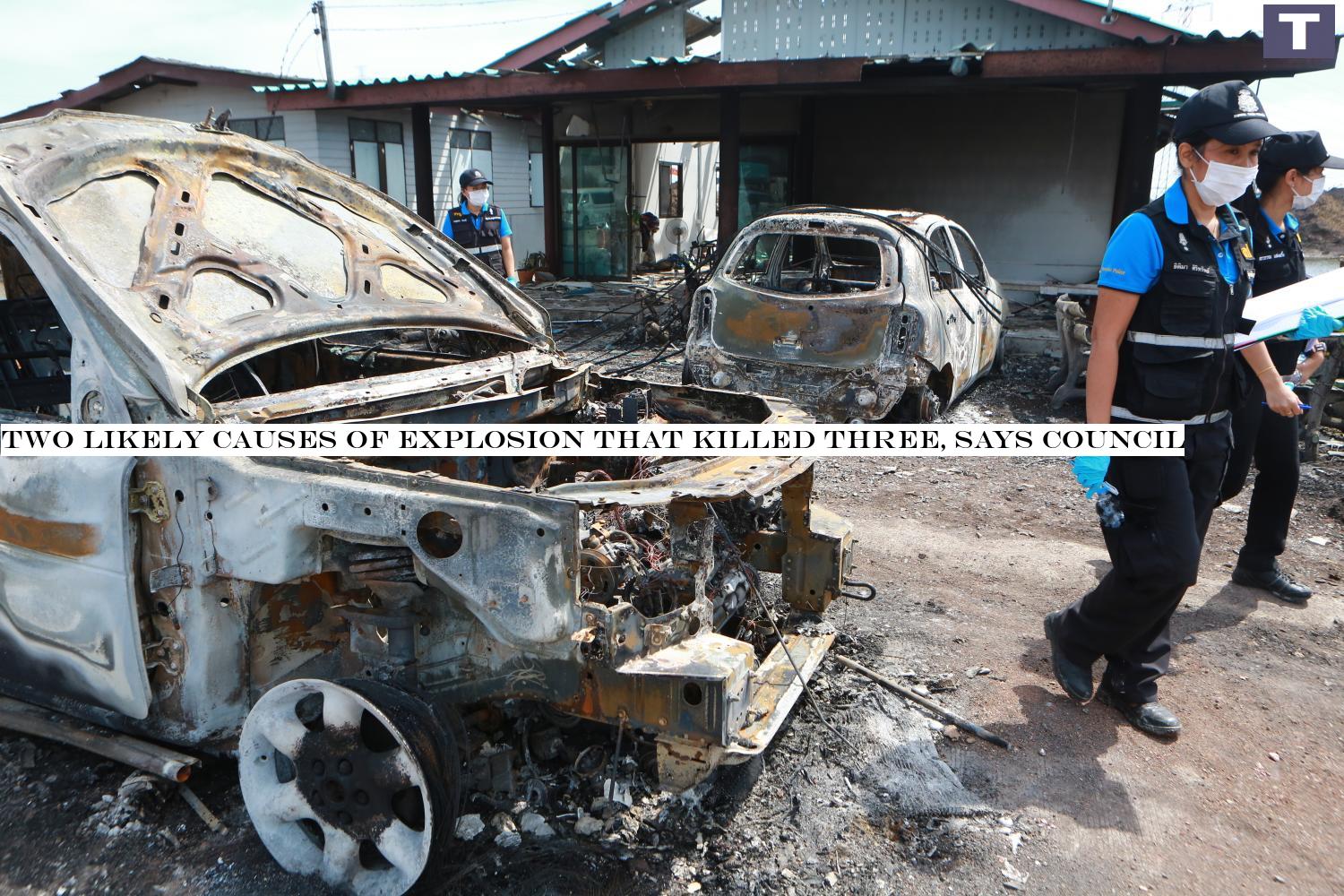 Burned out cars and houses are seen near the site of Thursday's gas pipe explosion in Samut Prakan's Bang Bo district on Friday.â-#128;-#137;(Photo by Somchai Poomlard) Two likely causes of explosion that killed three, says council