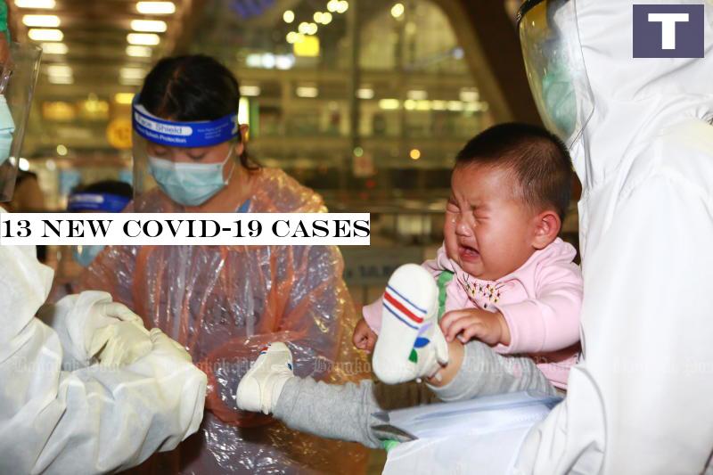 A baby boy cries as health officials test her mother for the coronavirus, as they and 37 other Chinese visitors arrived at Suvarnabhumi airport on Oct 20 under the special visa programme. (Photo: Somchai Poomlard) 13 new Covid-19 cases